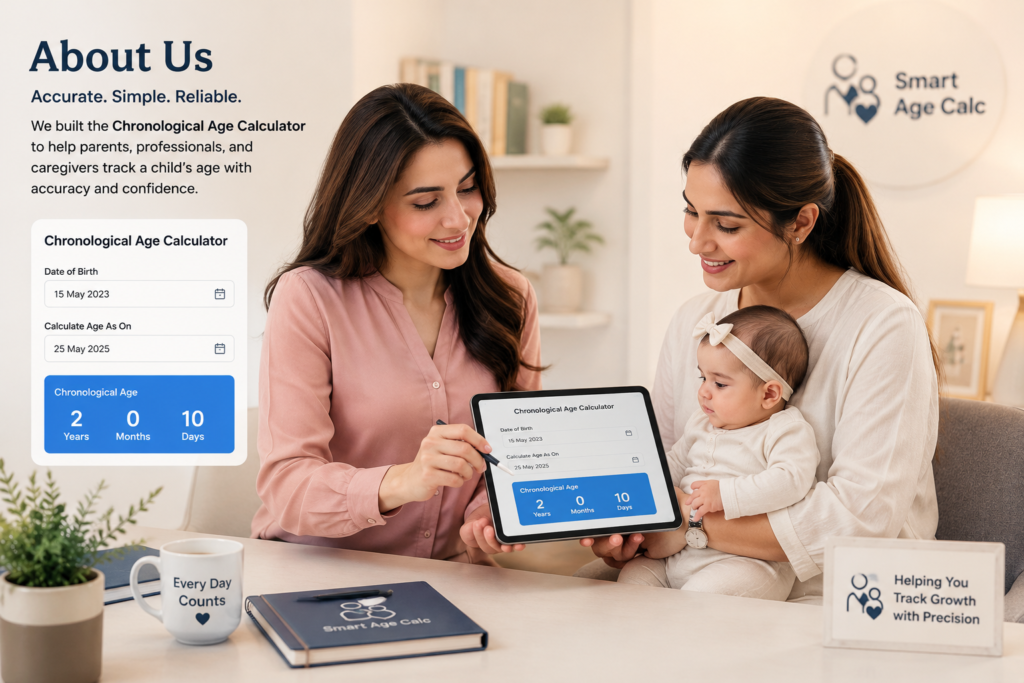 Professional “About Us” webpage banner showing two women using a Chronological Age Calculator for a baby. One woman holds the baby while the other points at a tablet displaying age calculation results in years, months, and days. The modern office setting features soft lighting, blue-and-white branding, and “Smart Age Calc” elements, creating a trustworthy and family-friendly healthcare and age-tracking atmosphere.