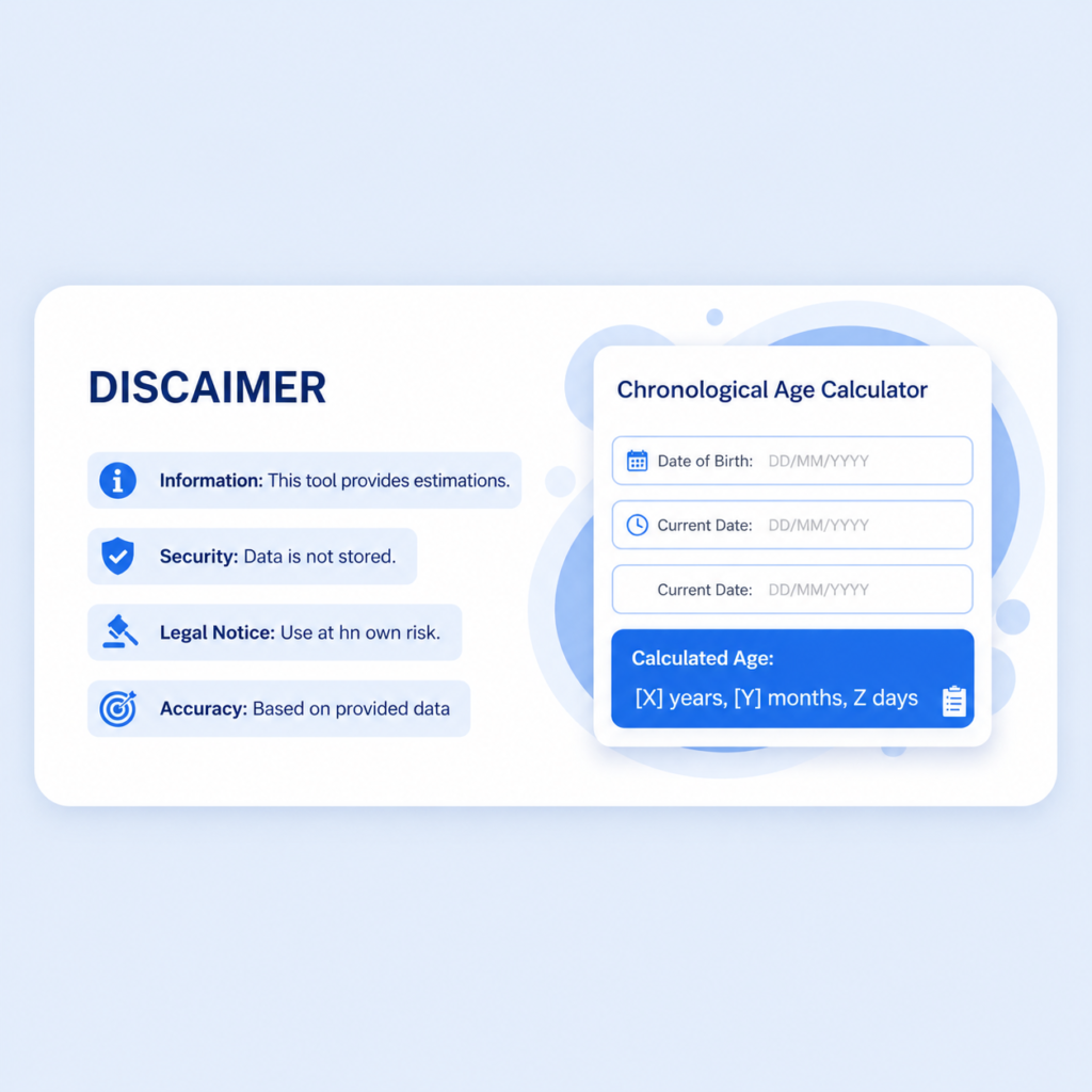 Modern blue-and-white Disclaimer page illustration for a Chronological Age Calculator website. The design features a professional calculator interface showing date of birth and calculated age in years, months, and days alongside disclaimer information, legal notice icons, a clipboard, calendar, shield, and clock graphics. The clean layout and soft abstract background create a trustworthy, accurate, and user-friendly appearance for an informational disclaimer webpage.
