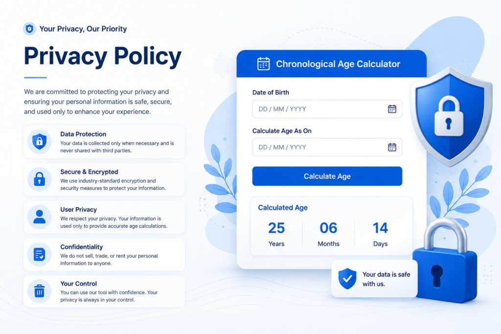 Modern blue-and-white Privacy Policy webpage illustration for a Chronological Age Calculator website. The design features a secure calculator interface with date input fields, calculated age results, shield and lock security icons, and privacy-focused information sections about data protection, encryption, confidentiality, and user privacy. The clean layout, soft gradients, and professional UI elements create a trustworthy and secure appearance for a premium privacy policy page.